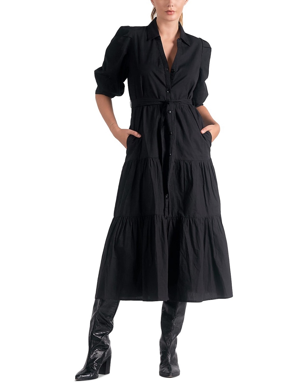 Elan 100% Cotton Tiered Midi Dress in Black Size XS